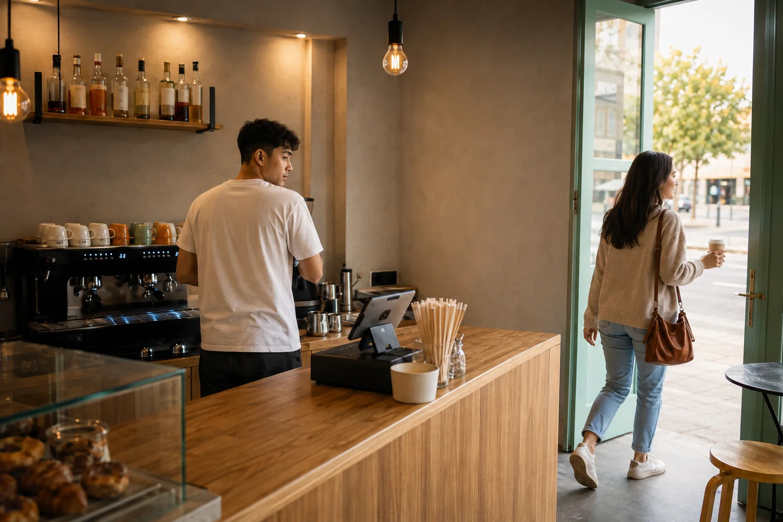 A hospitality owner watches a satisfied guest leave after paying.