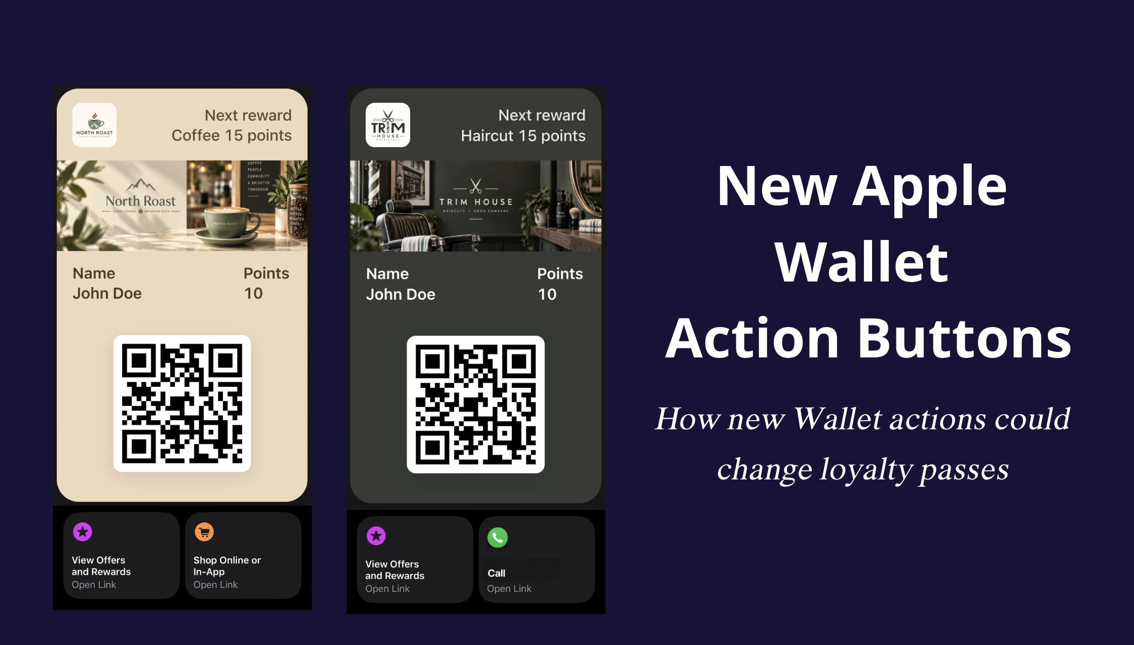 Apple Wallet Featured Actions op klantenkaarten van een koffiebar en een barbershop