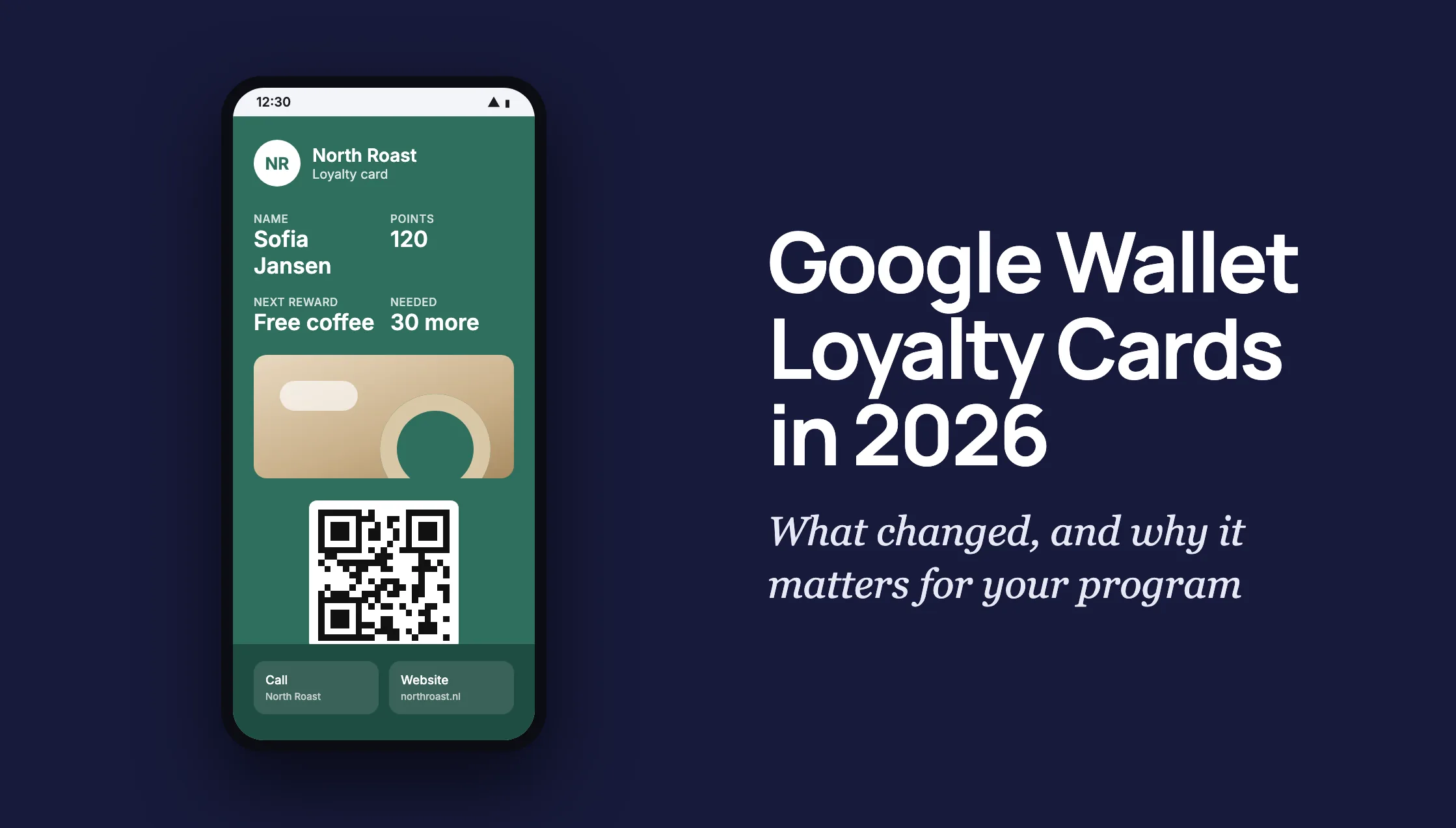 Een vernieuwde Google Wallet-klantenkaart op een Android-telefoon naast de titel Google Wallet Loyalty Cards in 2026
