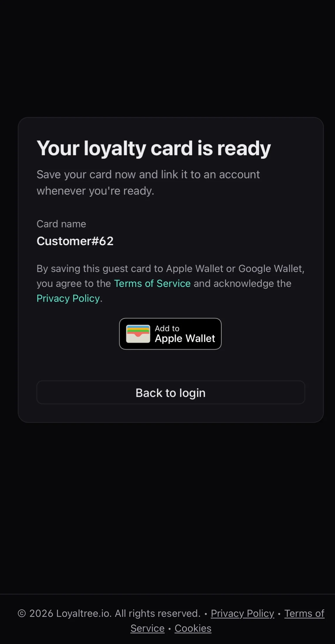 Loyaltree loyalty card klaar met Add to Apple Wallet knop