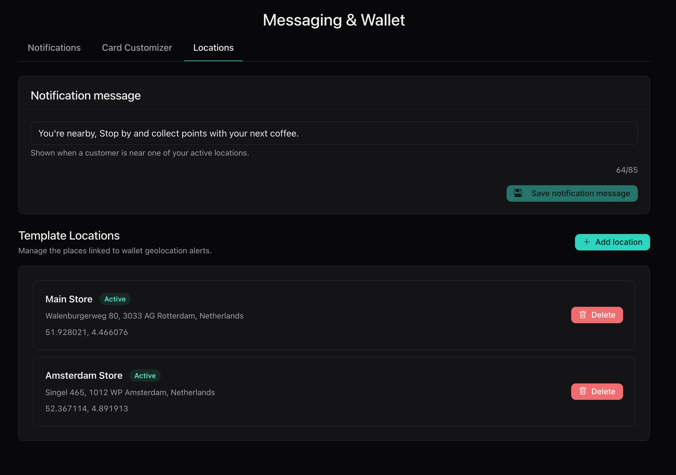 Loyaltree locatie notificatie instellingen
